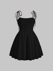 SHEIN MOD Plus Tie Shoulder Ruched Cami Dress - Black - View 2