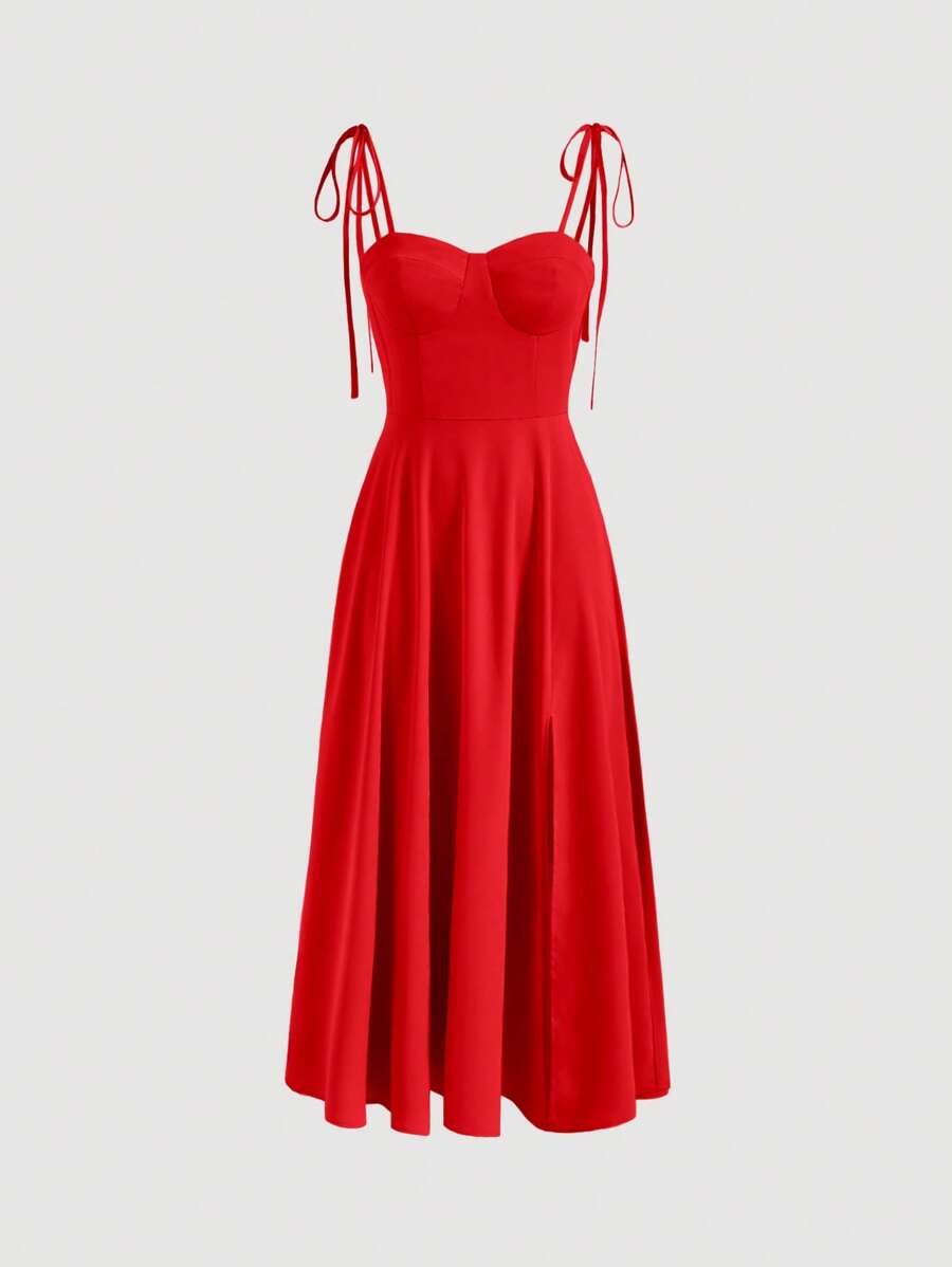 SHEIN MOD Solid Bustier Cami Dress,Valentine Outfits - Red - View 1