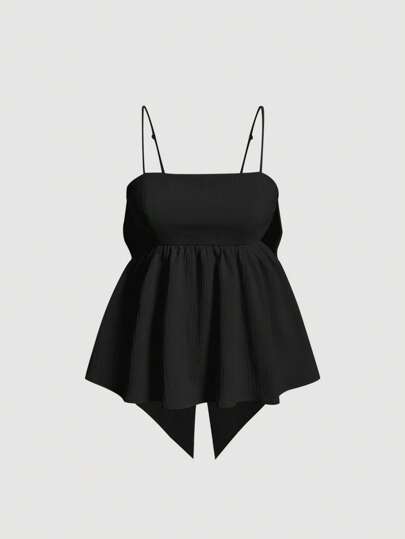 SHEIN MOD Solid Big Bow Back Ruffle Hem Summer Black Cami Top