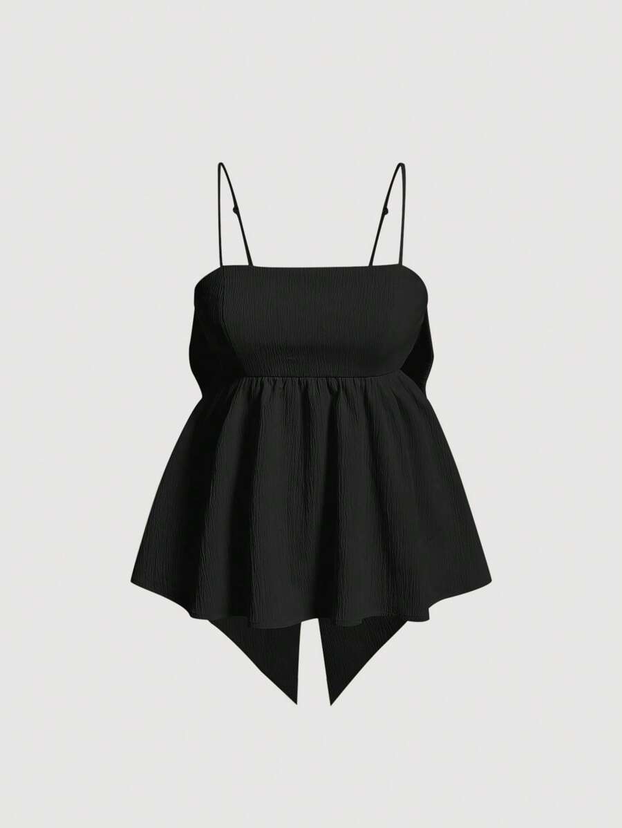 SHEIN MOD توب كامي أسود للصيف بكشكشة في الذيل وفيونكة كبيرة خلفية - الأسود - مشاهدة 1