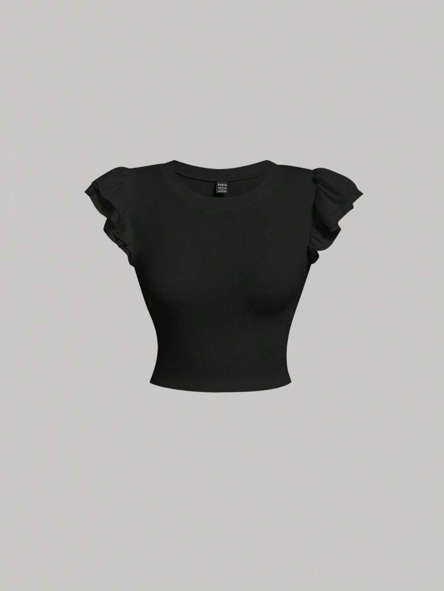 SHEIN MOD 素色蝴蝶袖T恤 - 黑色 - 查看 1