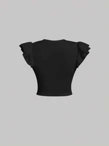 SHEIN MOD 素色蝴蝶袖T恤 - 黑色 - 查看 2