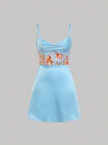 SHEIN MOD 人像圖案垂領吊帶連衣裙 - 淺藍色 - 查看 1