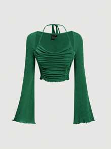 SHEIN MOD Camiseta con cordón trasero ribete en forma de lechuga fruncido delantero de manga amplia crop de cuello halter - Verde - Ver 1