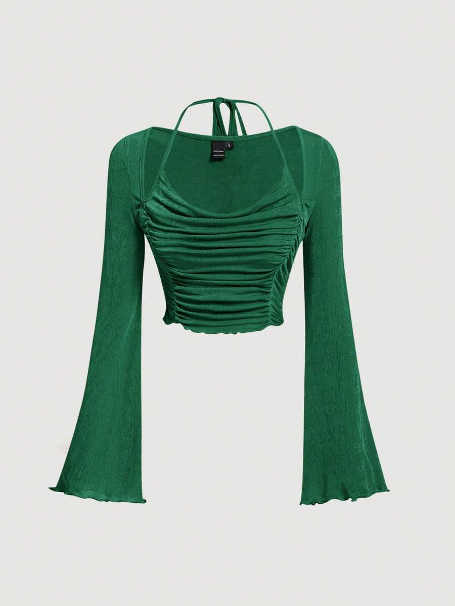 SHEIN MOD Camiseta con cordón trasero ribete en forma de lechuga fruncido delantero de manga amplia crop de cuello halter - Verde - Ver 1