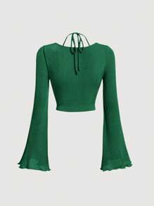 SHEIN MOD Camiseta con cordón trasero ribete en forma de lechuga fruncido delantero de manga amplia crop de cuello halter - Verde - Ver 2
