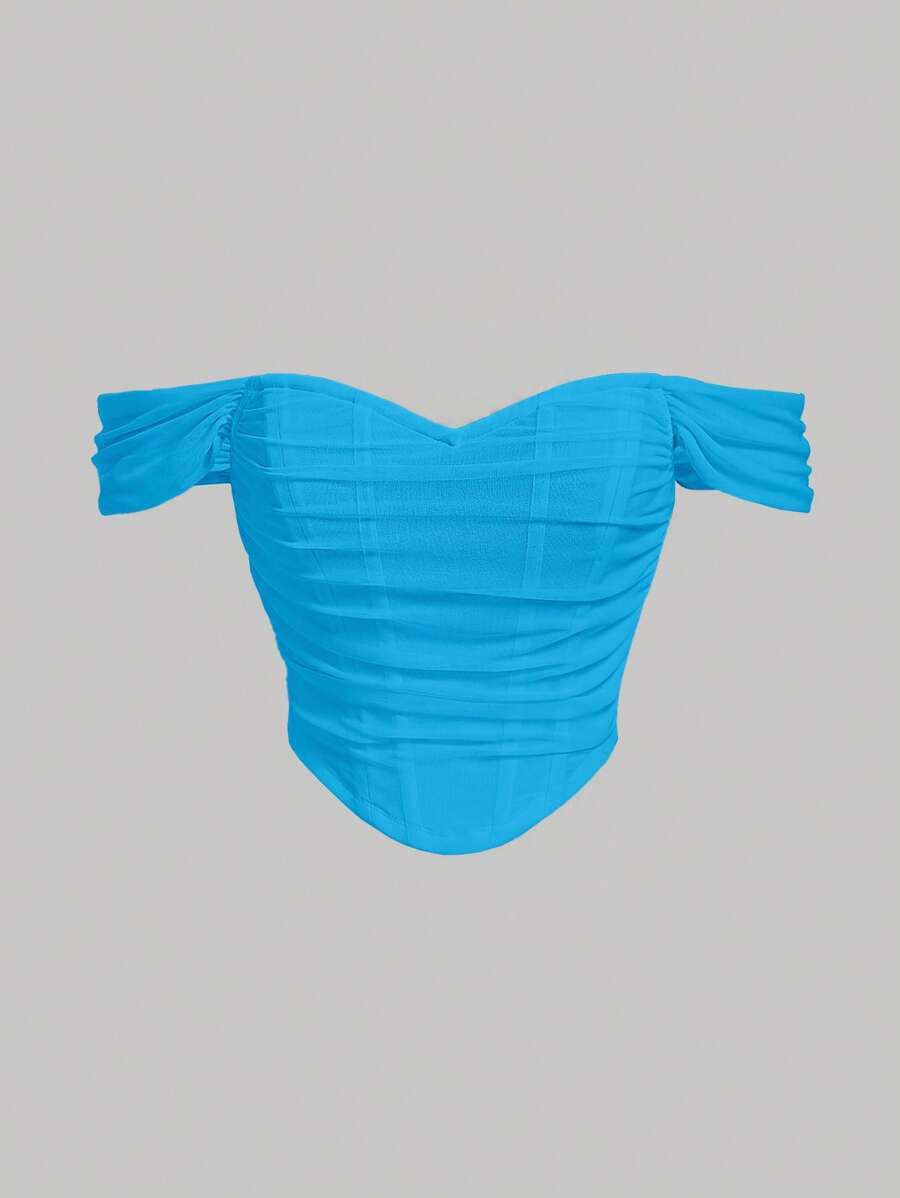 SHEIN MOD 一字肩褶邊頭巾下擺上衣 - 薄荷藍 - 查看 1