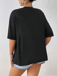 SHEIN EZwear Plus Letter Graphic Drop Shoulder Tee - Black - View 2