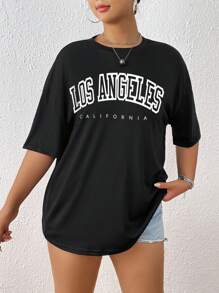 SHEIN EZwear Plus Letter Graphic Drop Shoulder Tee - Black - View 3