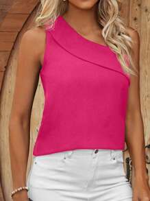SHEIN LUNE Blusa unicolor de cuello asimétrico - Rosa Fucsia - Ver 3