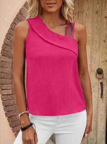 SHEIN LUNE Blusa unicolor de cuello asimétrico - Rosa Fucsia - Ver 4