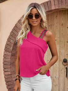 SHEIN LUNE Blusa unicolor de cuello asimétrico - Rosa Fucsia - Ver 5