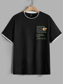 Manfinity RebelGame Hombres Camiseta unida en contraste con estampado de slogan - Negro - Ver 1