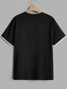 Manfinity RebelGame Hombres Camiseta unida en contraste con estampado de slogan - Negro - Ver 2