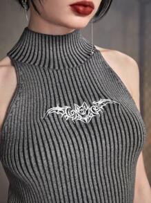 ROMWE Grunge Punk 蝙蝠圖案小高領針織短上衣 - 深灰色 - 查看 2