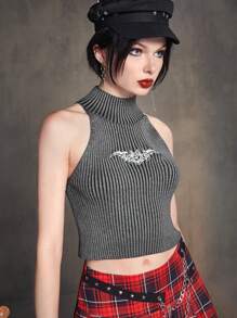 ROMWE Grunge Punk 蝙蝠圖案小高領針織短上衣 - 深灰色 - 查看 3