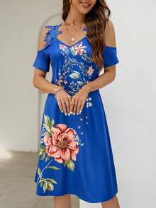 SHEIN Clasi 印花挖肩連衣裙 - 寶藍色 - 查看 5