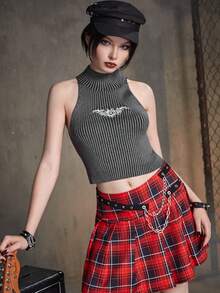 ROMWE Grunge Punk 蝙蝠圖案小高領針織短上衣 - 深灰色 - 查看 7