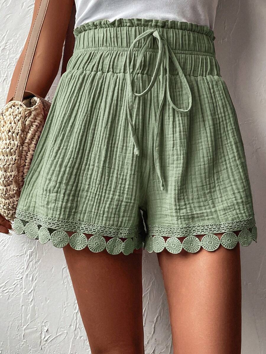 SHEIN Unity 紙袋腰鏤空蕾絲花邊前打結短褲 - 綠色 - 查看 1