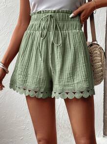 SHEIN Unity 紙袋腰鏤空蕾絲花邊前打結短褲 - 綠色 - 查看 3