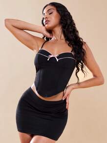 SHEIN BAE Nơ mặt trước Cami ngọn & Váy bodycon - màu đen - Xem 3