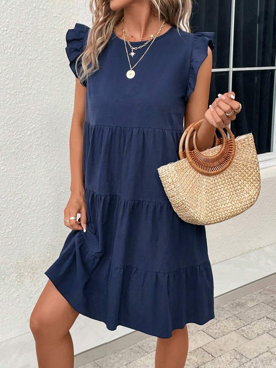 SHEIN VCAY 素色荷葉邊娃娃裙 - 藏蓝色 - 查看 1