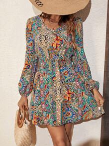 SHEIN VCAY 佩斯利印花燈籠袖洋裝 - 彩色 - 查看 4