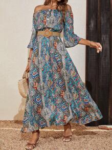 SHEIN VCAY Paisley Print Off Shoulder Flare Sleeve Dress Without Belt - Multicolor - View 1