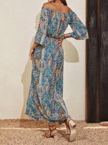 SHEIN VCAY Paisley Print Off Shoulder Flare Sleeve Dress Without Belt - Multicolor - View 2