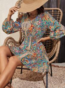 SHEIN VCAY 佩斯利印花燈籠袖洋裝 - 彩色 - 查看 6