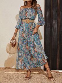 SHEIN VCAY Paisley Print Off Shoulder Flare Sleeve Dress Without Belt - Multicolor - View 3