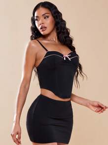 SHEIN BAE Nơ mặt trước Cami ngọn & Váy bodycon - màu đen - Xem 6