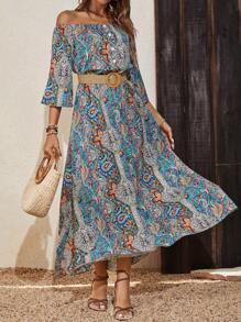 SHEIN VCAY Paisley Print Off Shoulder Flare Sleeve Dress Without Belt - Multicolor - View 6