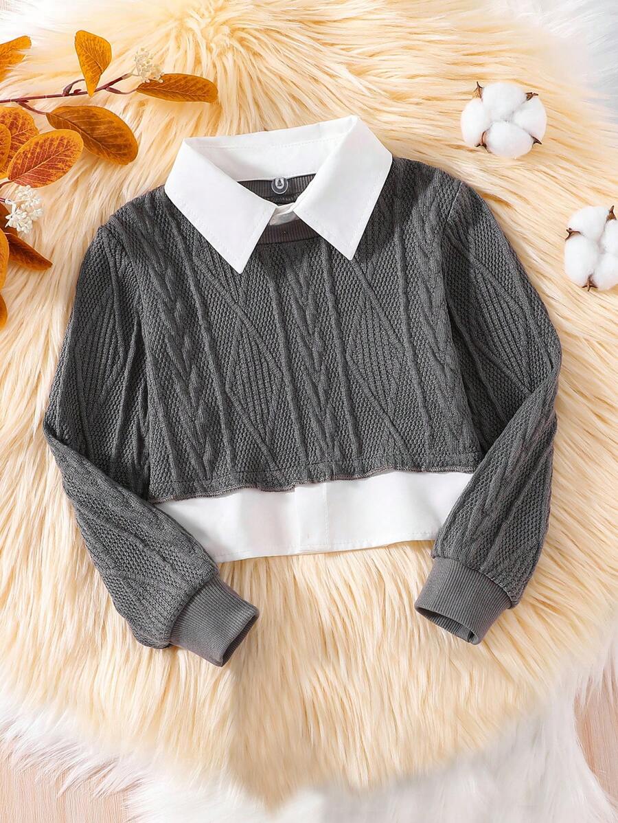 SHEIN Young Girl Contrast Collar 2 In 1 Sweatshirt - Dark Grey - View 1