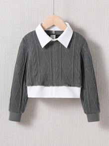 SHEIN Young Girl Contrast Collar 2 In 1 Sweatshirt - Dark Grey - View 7