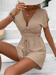 SHEIN Frenchy 深V領蝙蝠袖上衣&前打結短褲 - 卡其色 - 查看 3