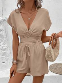 SHEIN Frenchy 深V領蝙蝠袖上衣&前打結短褲 - 卡其色 - 查看 6