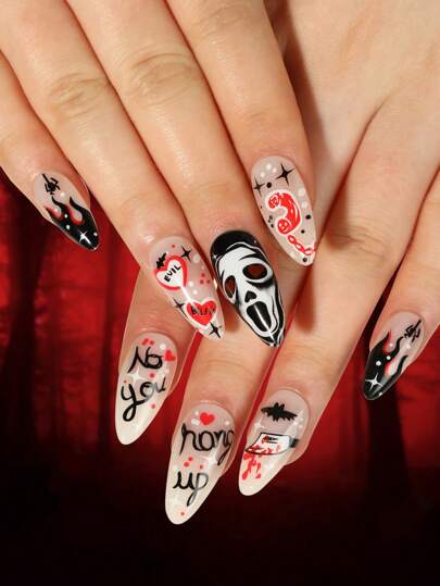 Goth 24pcs Long Almond Letter Halloween Cartoon Graphic Fake Nail & 1sheet Tape & 1pc Nail File