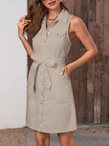 翻蓋細節腰帶襯衫牛仔洋裝 - 卡其色 - 查看 3