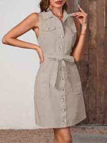 翻蓋細節腰帶襯衫牛仔洋裝 - 卡其色 - 查看 6