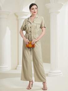 Seusyu 翻蓋口袋前紐扣襯衫連體褲 - 卡其色 - 查看 1