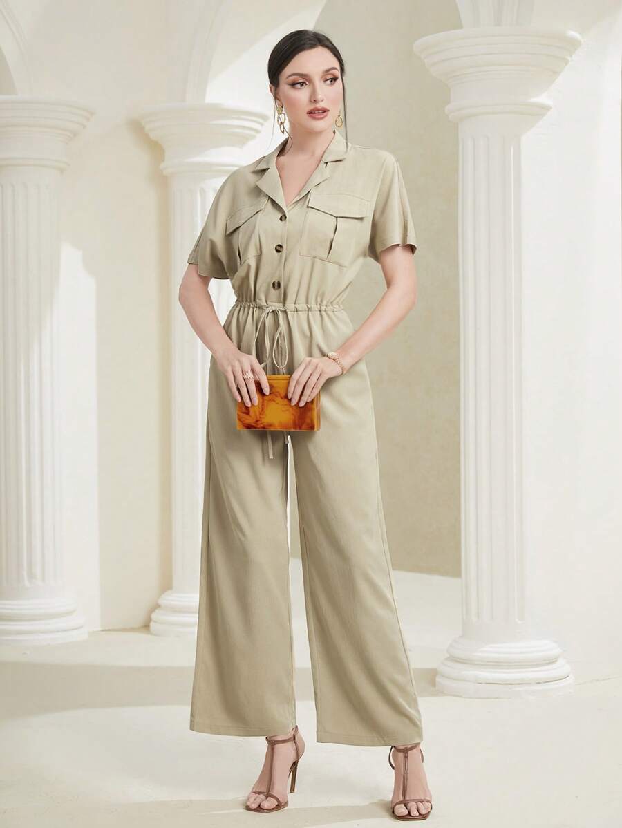 Seusyu 翻蓋口袋前紐扣襯衫連體褲 - 卡其色 - 查看 1