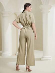 Seusyu 翻蓋口袋前紐扣襯衫連體褲 - 卡其色 - 查看 2