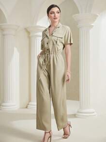 Seusyu 翻蓋口袋前紐扣襯衫連體褲 - 卡其色 - 查看 3