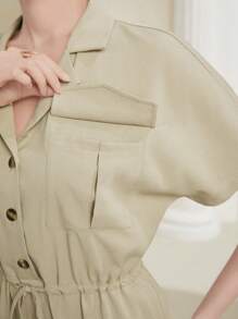 Seusyu 翻蓋口袋前紐扣襯衫連體褲 - 卡其色 - 查看 6