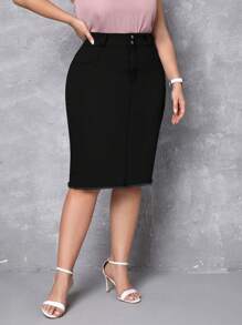 SHEIN Privé Hơn Cao eo Cắt Thô Váy Denim - màu đen - Xem 3