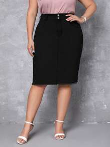 SHEIN Privé Hơn Cao eo Cắt Thô Váy Denim - màu đen - Xem 6