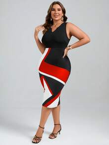 SHEIN Clasi 大碼撞色缺口領緊身洋裝 - 紅色 - 查看 5