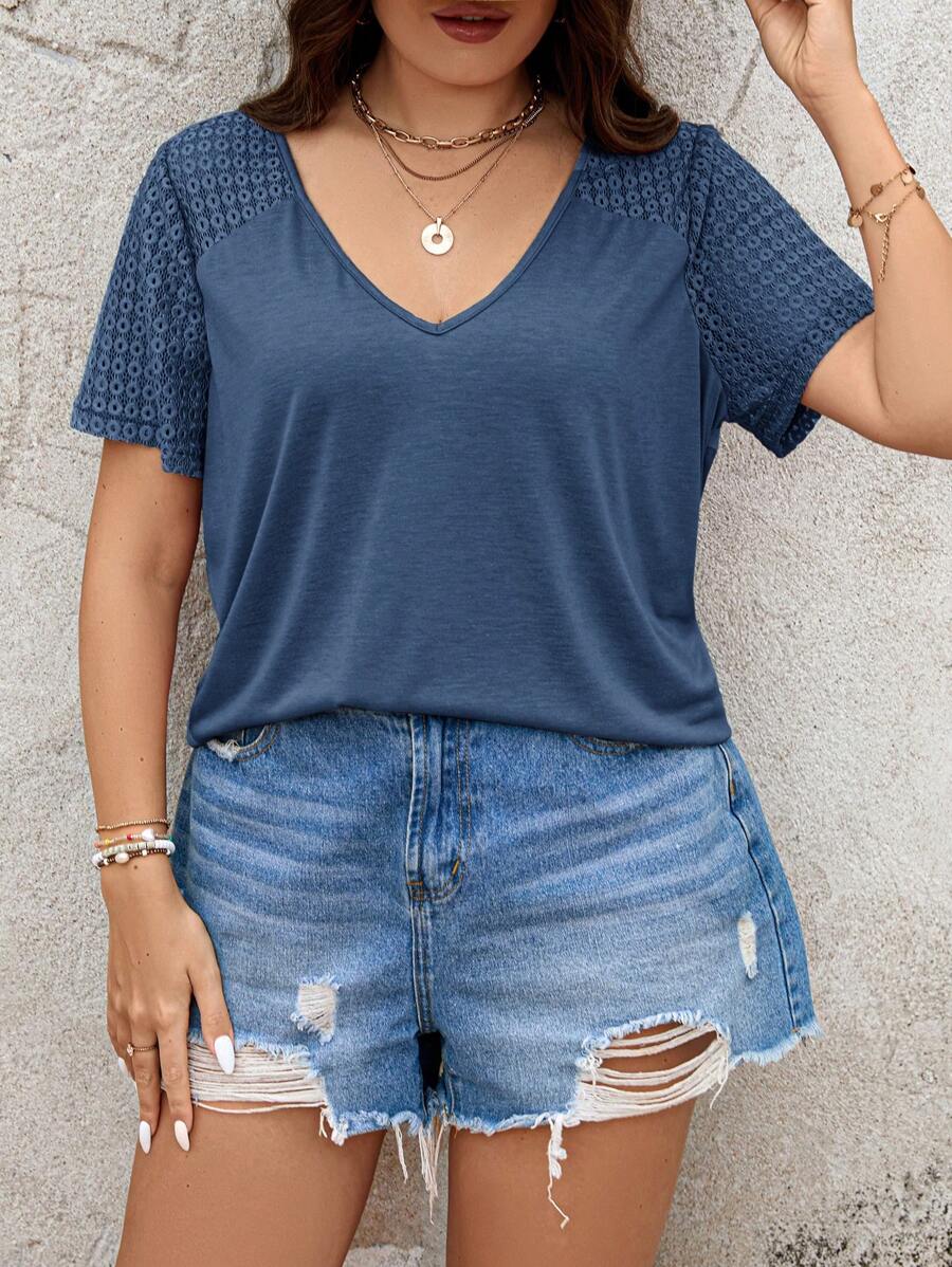 SHEIN LUNE Plus Contrast Lace Tee - Navy Blue - View 1