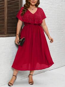 SHEIN Clasi Plus Rhinestone Detail Ruffle Trim Dress - Burgundy - View 2